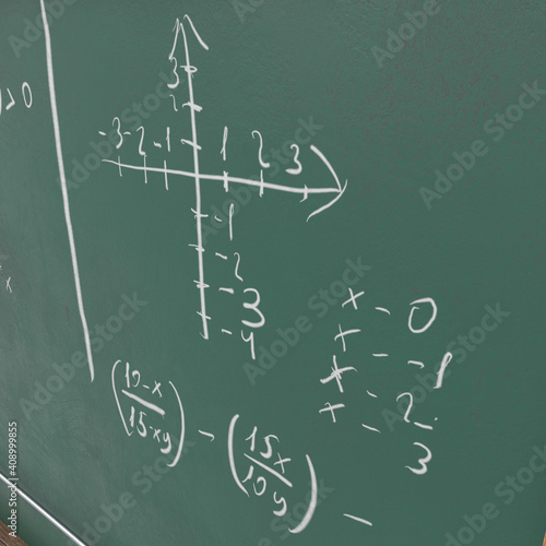 3D render of a blackboard with chemical scribbles and copy space
