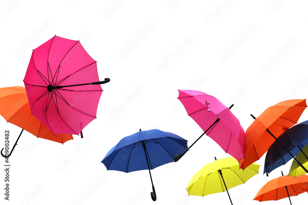 Group of color umbrellas on white background.