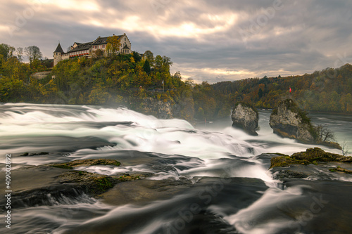 Long exposure image of the Rhine Falls in Switzerland at autumn evening 