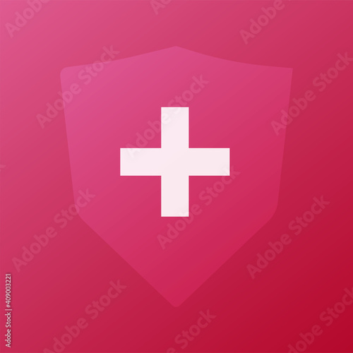 Red medical pharmacy insurance protection modern shield with cross plus banner for card or flyer template design vector, concept of hospital or clinic guard logotype element, life healthcare sign