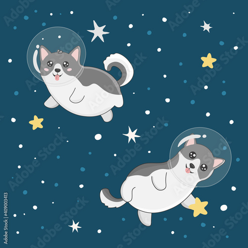 Illustration with cute husky astronauts on starry space background. Perfect for posters, greeting cards and other design.