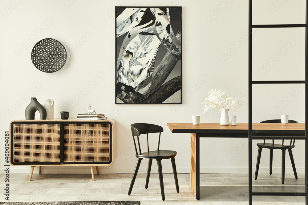 Stylish scandinavian living room interior of modern apartment with wooden commode, design table, chairs, carpet, abstract paintings on the wall and personal accessories in unique home decor. Template. - obrazy, fototapety, plakaty 