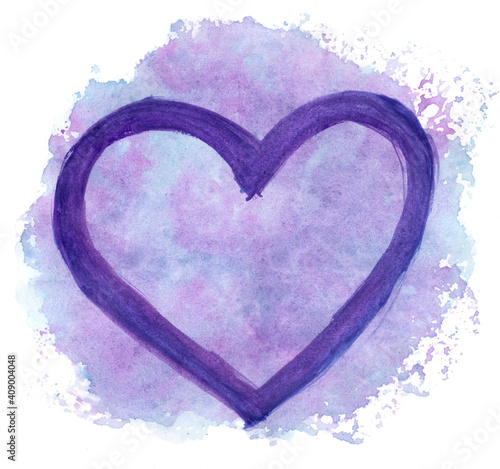 Brush-painted purple heart on watercolor abstract background. photo