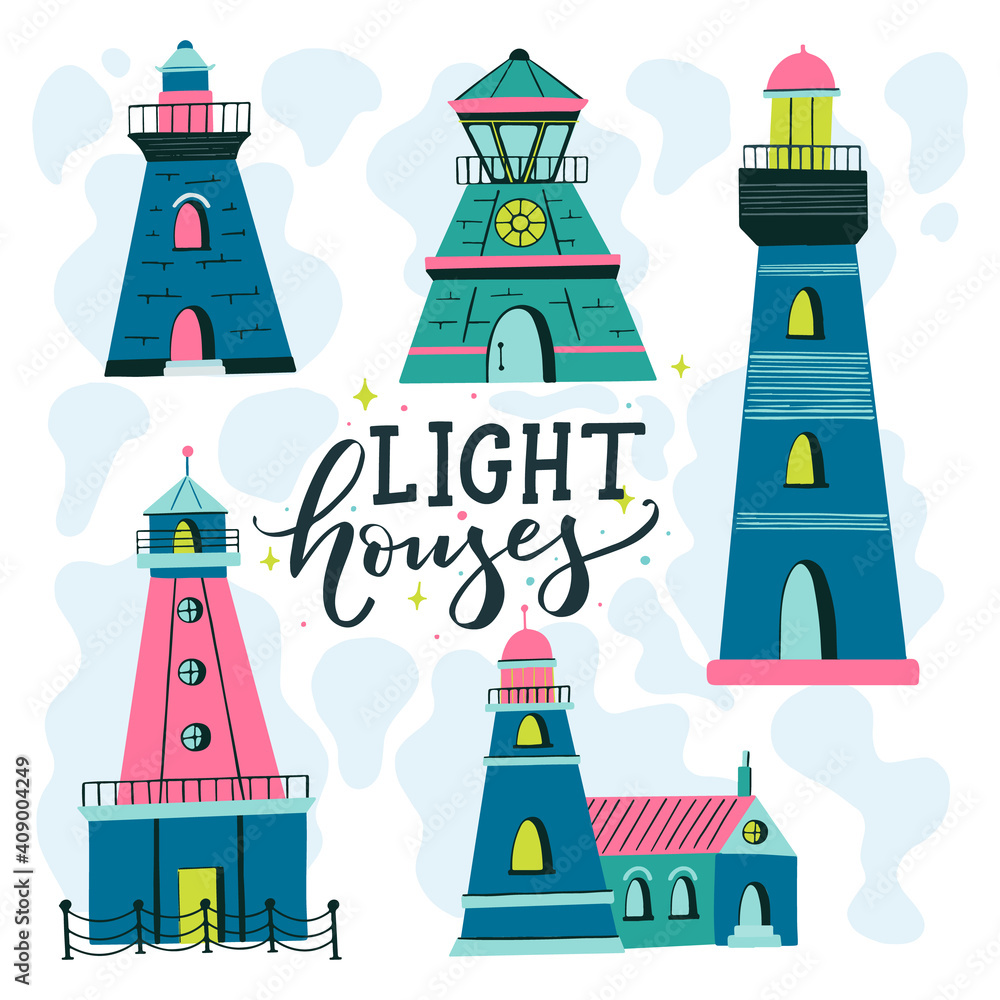 Ligthouses collection. Colorful lighthouse isolated on background