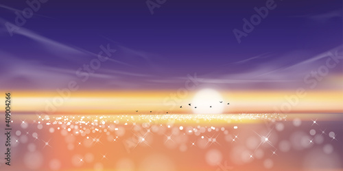 Dramatic sunset with sky line in orange, yellow and pink, purple with birds flying in sky,Vector illustration beautiful nature of landscape seaside in evening for Summer holiday background