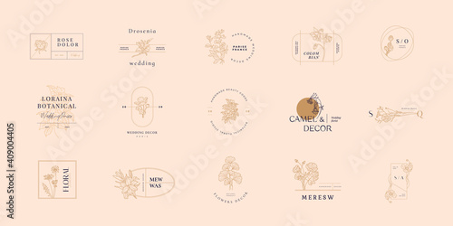 Abstract Flowers Vector Signs or Logo Templates. Retro Floral Illustration with Classy Typography. Feminine Logo. Modern Logo Template for florist, photographer, fashion blogger, design studio.