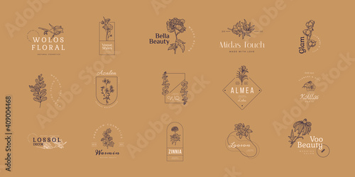 Abstract Flowers Vector Signs or Logo Templates. Retro Floral Illustration with Classy Typography. Feminine Logo. Modern Logo Template for florist, photographer, fashion blogger, design studio.