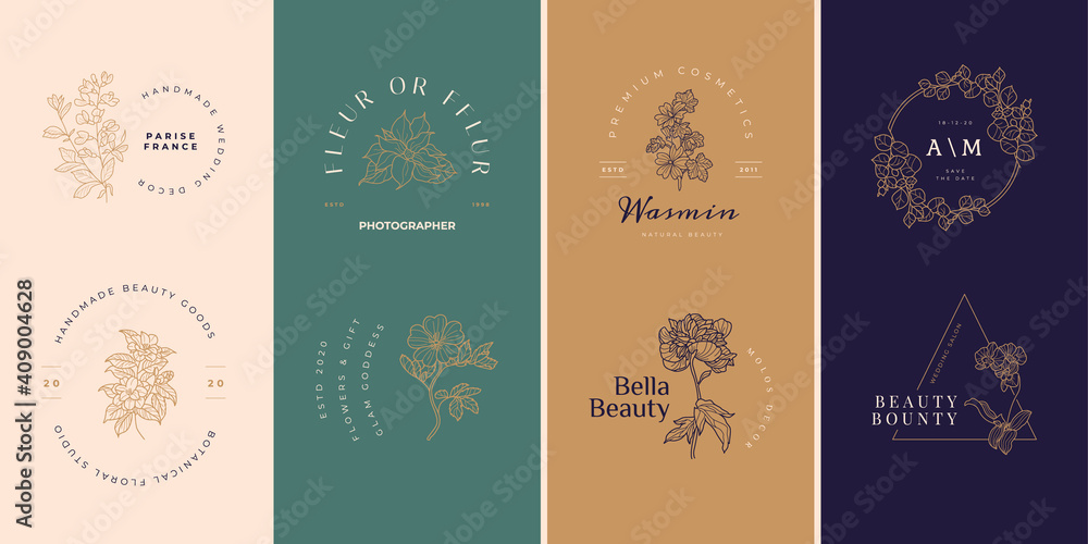Abstract Flowers Vector Signs or Logo Templates. Retro Floral Illustration with Classy Typography. Feminine Logo. Modern Logo Template for florist, photographer, fashion blogger, design studio. Abstract Flowers Vector Signs or Logo Templates. Retro Floral Illustration with Classy Typography. Feminine Logo. Modern Logo Template for florist, photographer, fashion blogger, design studio.