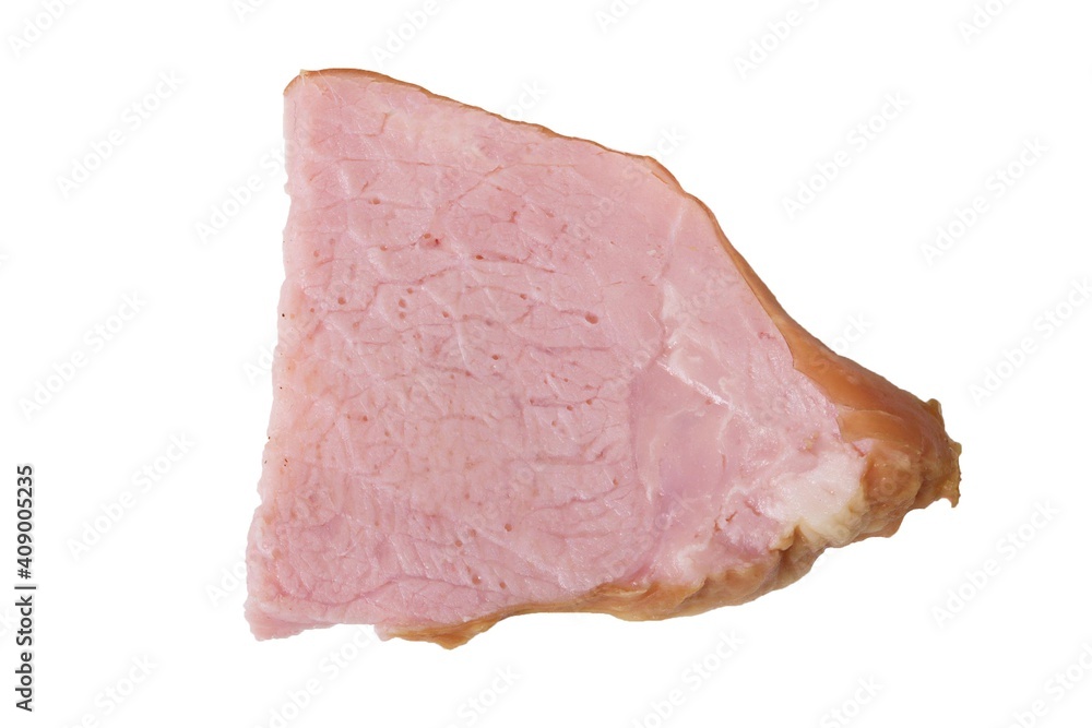 Piece of ham on isolated white background, top view Piece of ham on isolated white background, top view