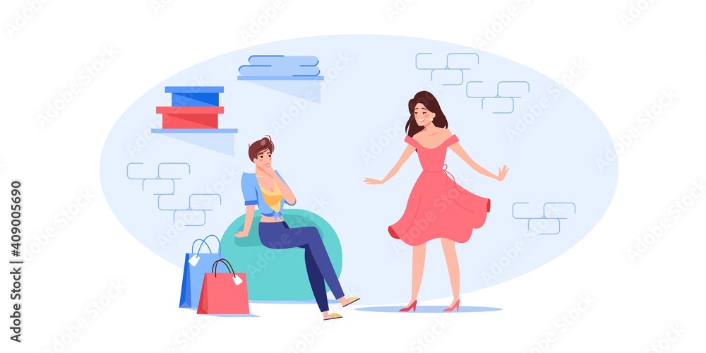 Vector cartoon flat woman characters trying new dress outfit.Happy girl at fashion shop fitting room posing in fashionable dress in front of girlfriend-clothing store,web site banner ad concept Vector cartoon flat woman characters trying new dress outfit.Happy girl at fashion shop fitting room posing in fashionable dress in front of girlfriend-clothing store,web site banner ad concept
