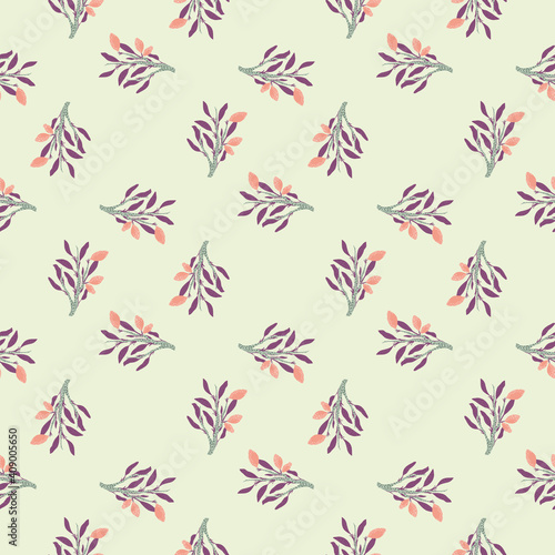 Lemonade seamless pattern with purple leaves and pink lemons abstract food print. Light grey background.