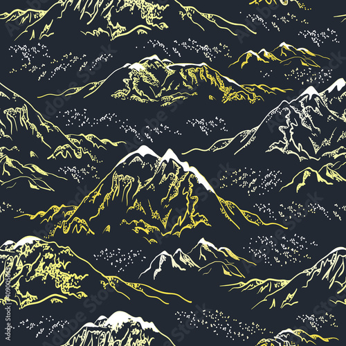 Vector seamless pattern with golden mountains with white snow on black background. Cover surface. Hand-drawn illustration.