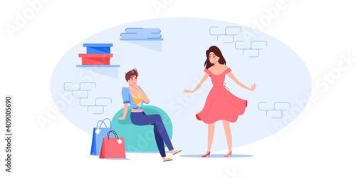 Vector cartoon flat woman characters trying new dress outfit.Happy girl at fashion shop fitting room posing in fashionable dress in front of girlfriend-clothing store,web site banner ad concept
