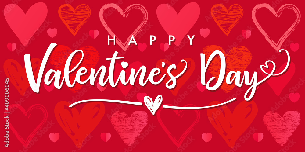 Naklejka premium Happy Valentines Day greeting card, sketch heart pattern background. Cute scribble hearts rose, red and pink colors for valentine's day banner or wedding party invitation