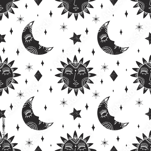 Decorative seamless pattern with sun and moon. Trendy vector illustration.