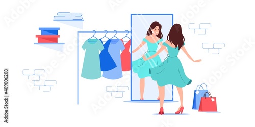 Vector cartoon flat woman character trying new dress outfit.Happy girl customer at fashion shop fitting room wear beautiful trendy dress,look in mirror-clothing store,web site banner ad concept