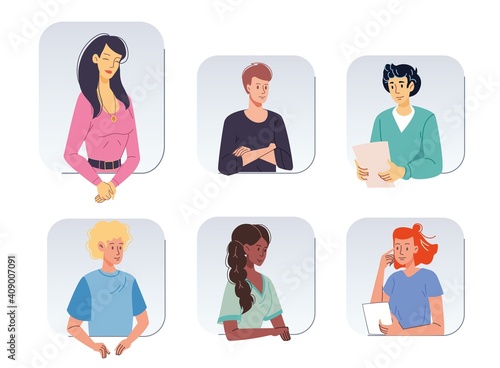 Set of cartoon girl boy flat characters avatars of different races,status,professions talking and communicate-various poses,clothes,emotions-Lifestyle,communication,fashion,social media concept