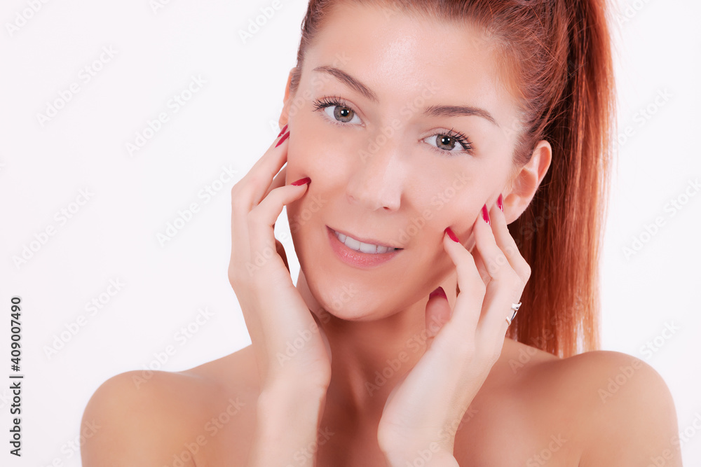Portrait of beauty woman with perfect skin touching her face and looking at camera. Portrait of beauty woman with perfect skin touching her face and looking at camera.