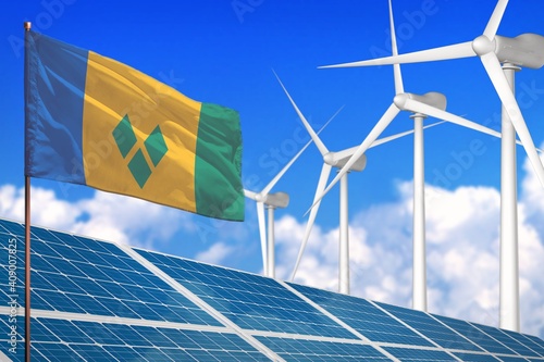 Saint Vincent and the Grenadines solar and wind energy, renewable energy concept with solar panels - renewable energy against global warming - industrial illustration, 3D illustration