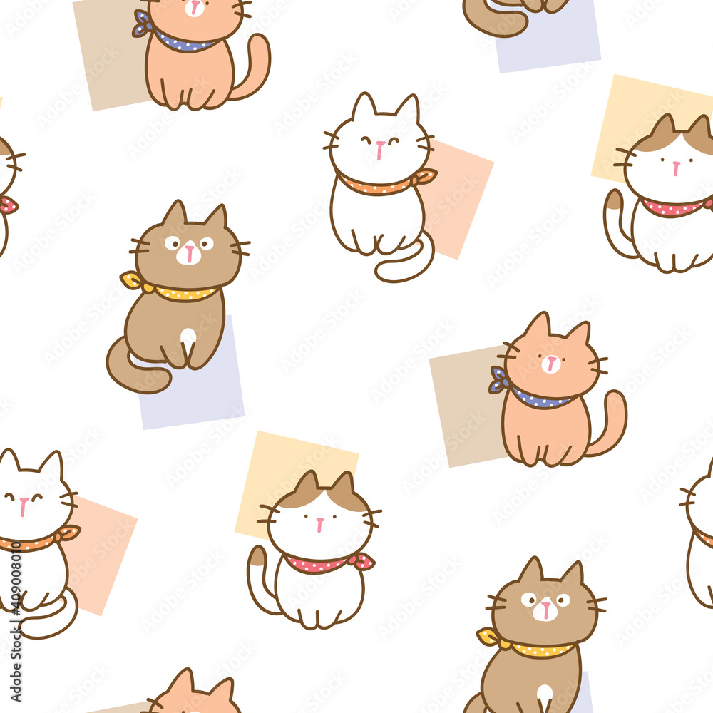 Seamless Pattern with Cartoon Cat Illustration Design on White Background Seamless Pattern with Cartoon Cat Illustration Design on White Background