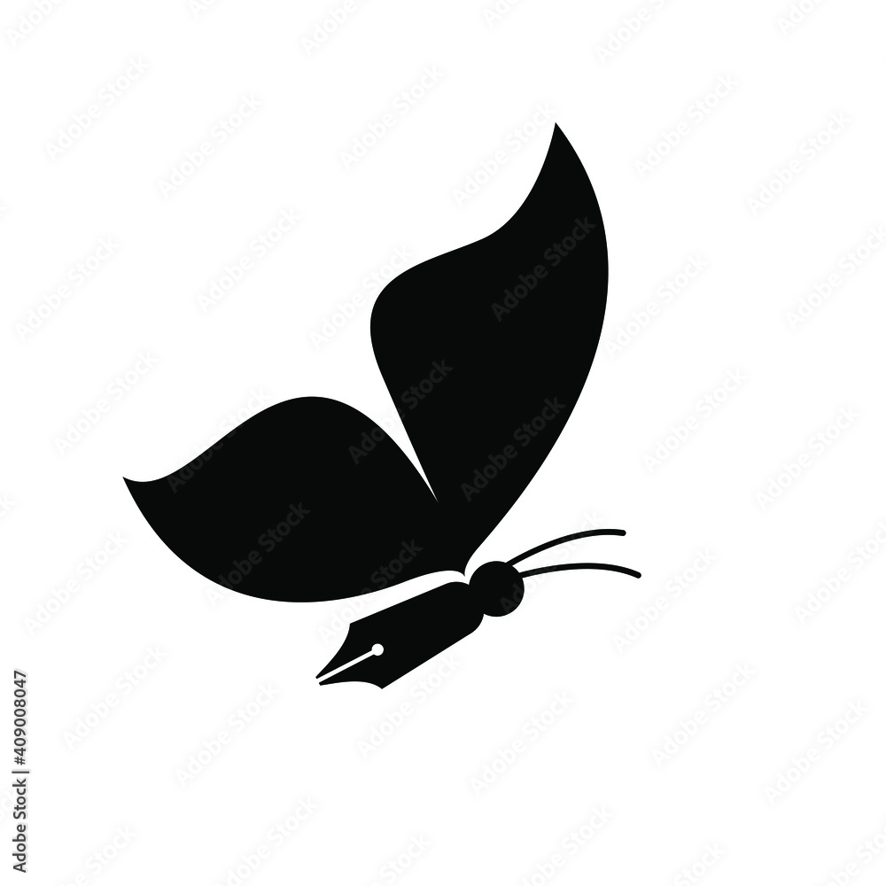 Butterfly pen concept pen with butterfly wings and antenna vector logo icon illustration design Butterfly pen concept pen with butterfly wings and antenna vector logo icon illustration design