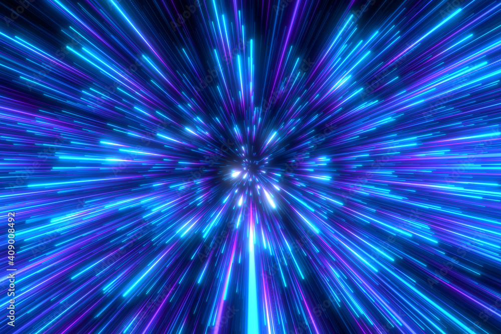Speed of light in space on dark background. Abstract background in blue, yellow and orange neon colors. 3D rendering. Speed of light in space on dark background. Abstract background in blue, yellow and orange neon colors. 3D rendering.