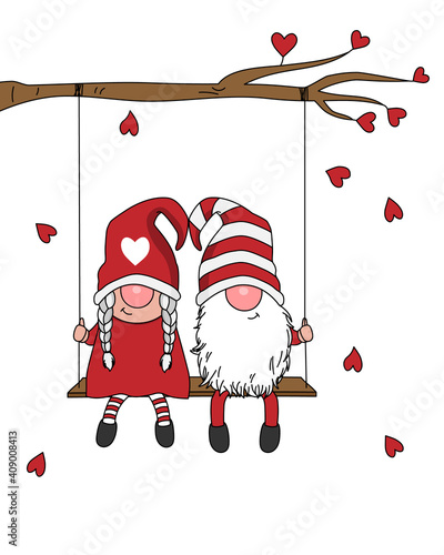 Gnomes in love card. Gnome couple sitting on a swing. Isolated vector