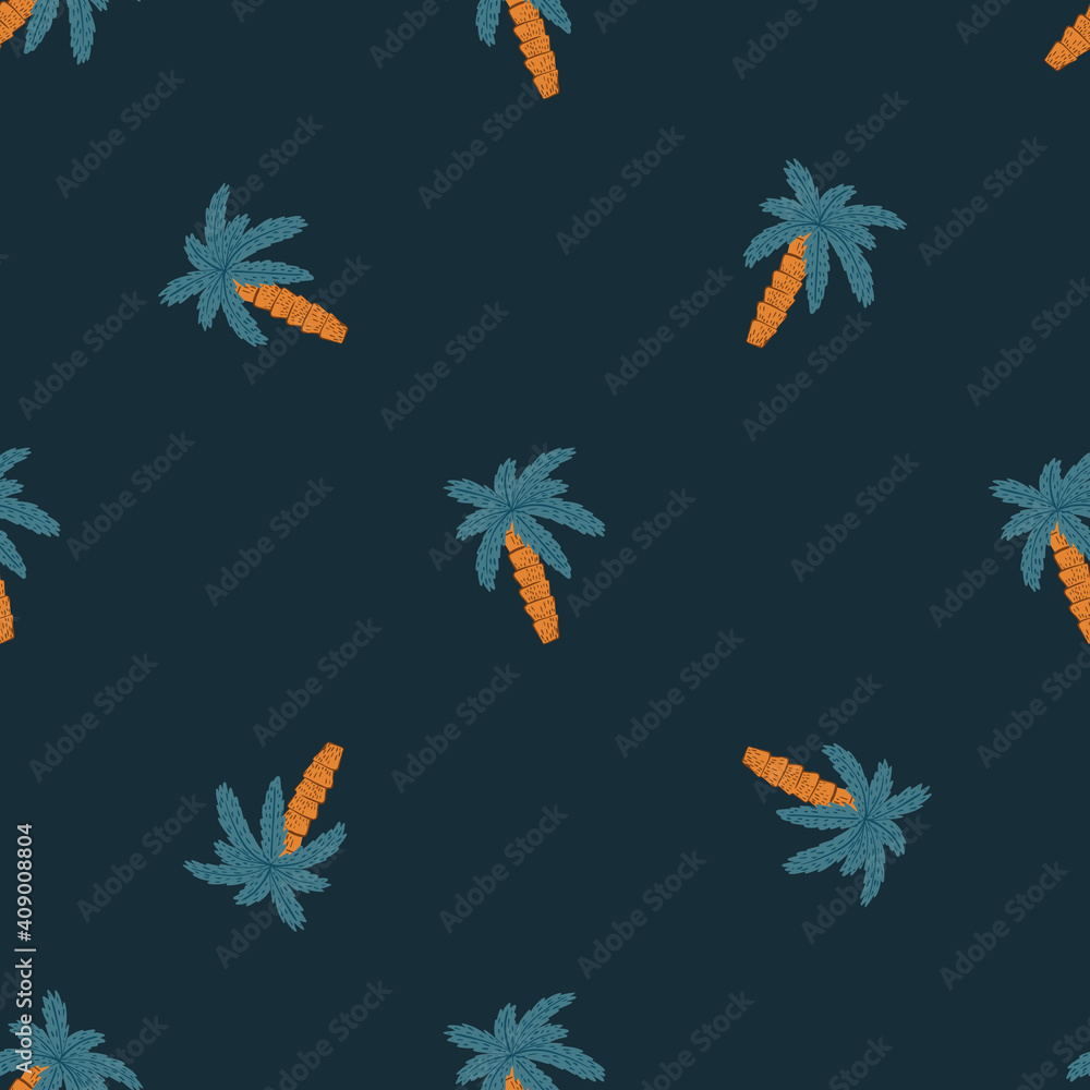 Decorative seamless pattern with blue palm tree ornament. Dark background. Doodle style nature hawaii print.