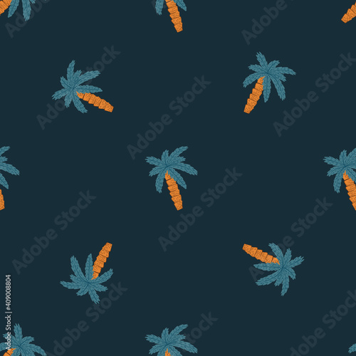 Decorative seamless pattern with blue palm tree ornament. Dark background. Doodle style nature hawaii print.