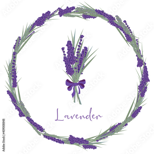 lavender frame, wedding, circle round wreath lila flowers leaves. vector herbal plant set. Save the date card