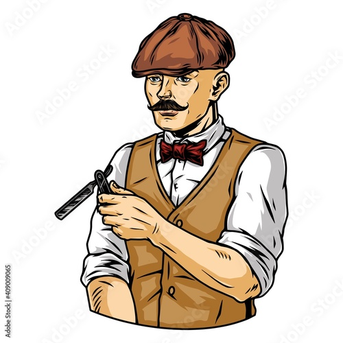 Colorful vintage concept of mustached barber