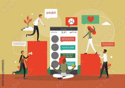 Cyber bullying concept vector illustration. Online bully behavior in social media. Hate, abuse and violence in internet comments and messages. Woman meditating after read harassment comments