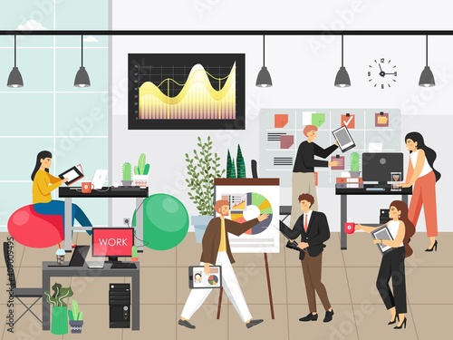 People work in office vector illustration. Team of employees work in business interior. Modern office workplace concept in flat style. Agile scrum board with tasks