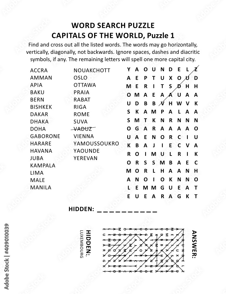 Capitals of the world word search puzzle or word game (English language),  puzzle 1 of 10. Answer included. Stock Vector | Adobe Stock