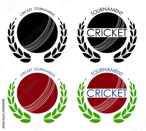 symbols sport ball for cricket on white background with winner laurel wreath. Cricket competition. Isolated vector