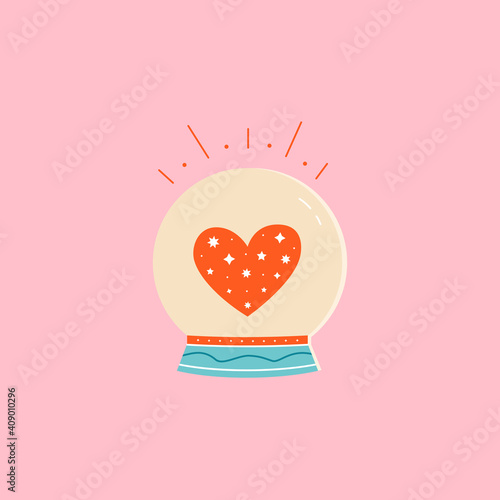 Magic ball or fortune teller with red shining heart inside. Colorful vector illustration in cartoon mid century style. 
