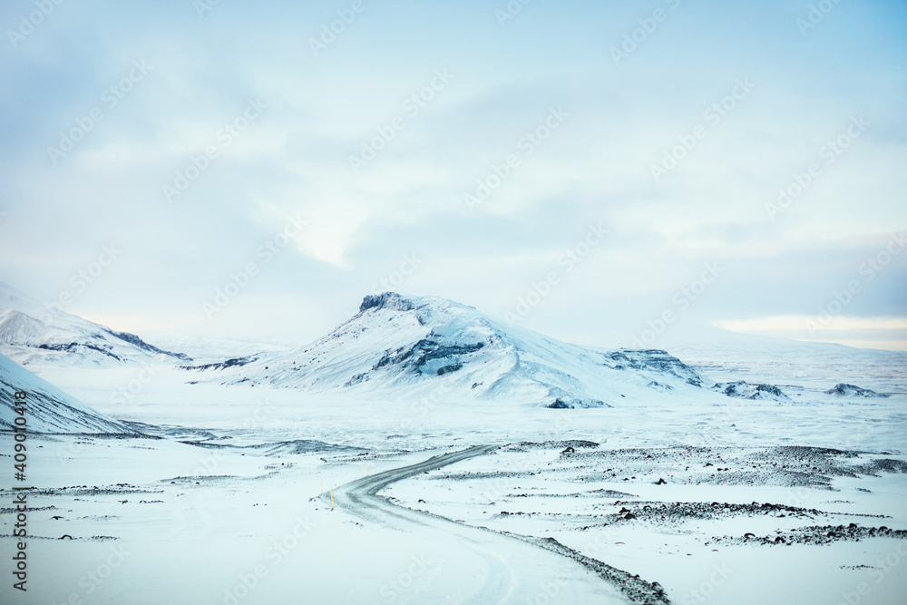 Snowy road to Langjokull glacier in Iceland during winter