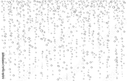 Oxygen air bubbles flow in water on white background.