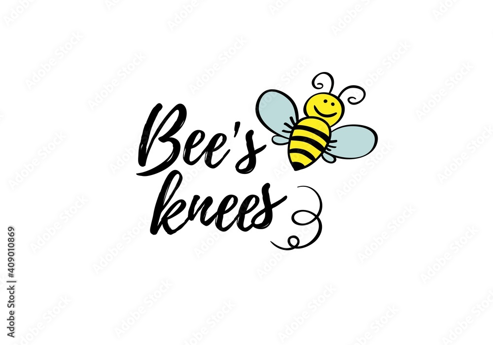 Bees knees phrase with doodle bee on white background. Lettering poster, card design or t-shirt, textile print. Inspiring motivation quote placard. Bees knees phrase with doodle bee on white background. Lettering poster, card design or t-shirt, textile print. Inspiring motivation quote placard.
