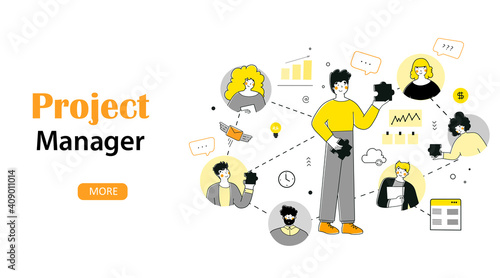Infographic project manager for web design. Flat style vector. Distance communication.