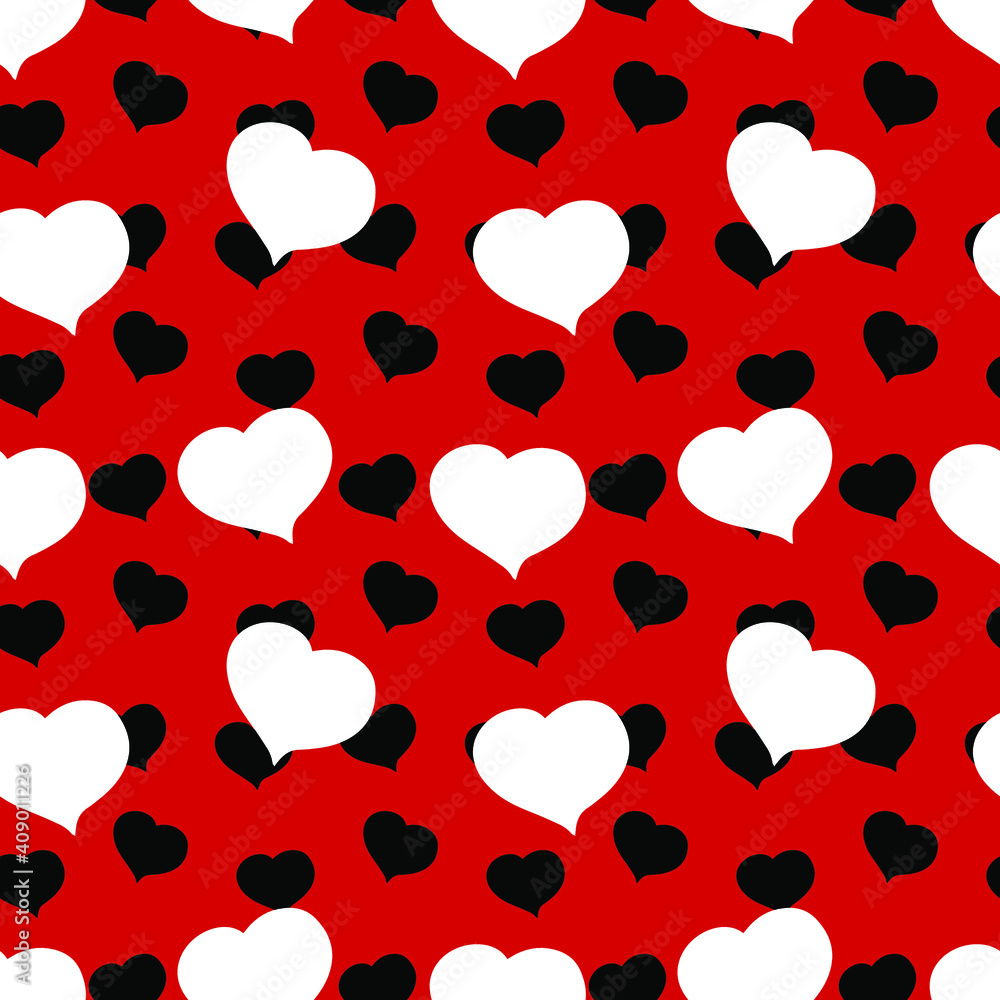 Black and white hearts on a red background. Seamless pattern.