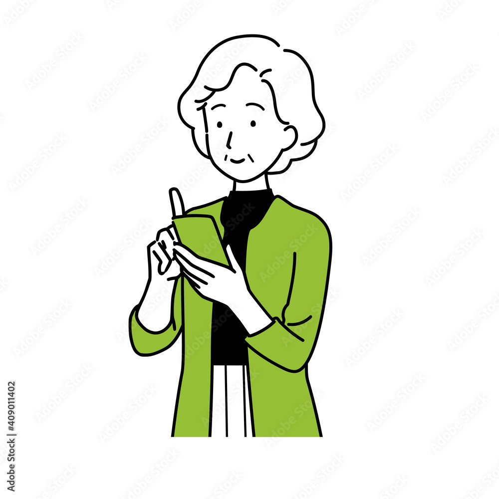 Illustration of a senior who operates a smartphone, a smile.