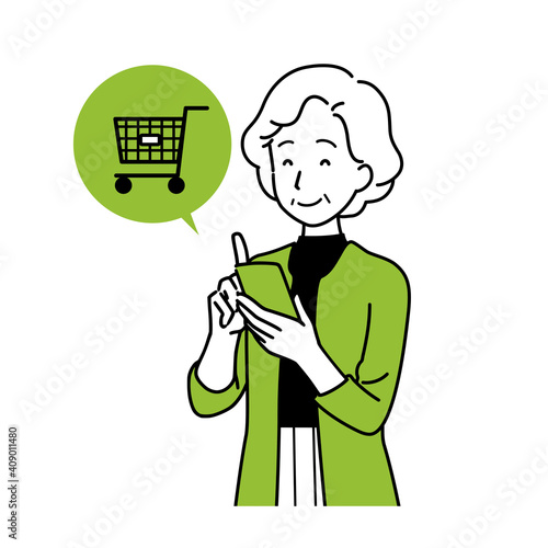 Illustration of a senior shopping on a smartphone, a smile.