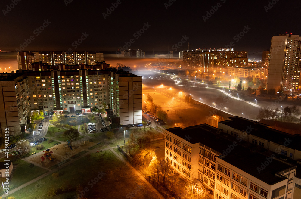 Beautiful night landscape with fog in Zelenograd sleeping area of Moscow, Russia Beautiful night landscape with fog in Zelenograd sleeping area of Moscow, Russia