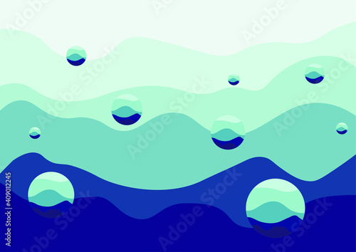 vector with abstract background. illustration of waves of blue color in different tones. flying spheres. bubbles of different colors