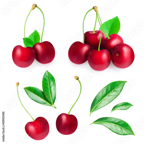 Collection of Cherry berries with green leaves  isolated on white background.  Various cherries. Creative layout. photo