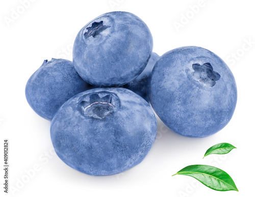 Blueberries with green leaves isolated on white background.  Fresh  summer blue  berries close up