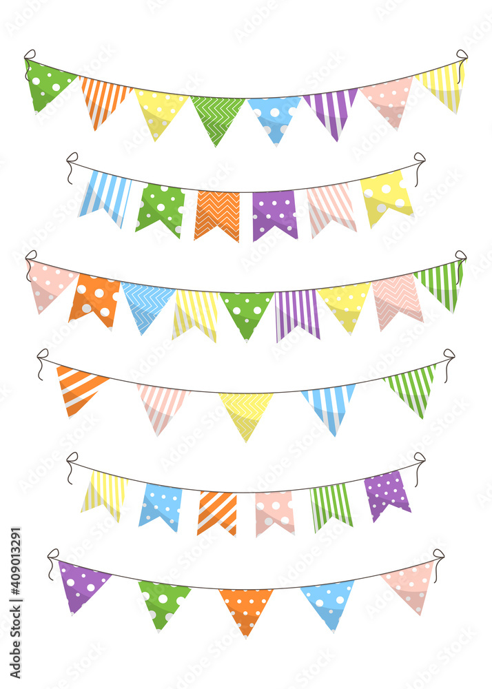 Vector illustration with isolated garland of hanging flags in cartoon style. Pennants for greeting cards, decoration design, celebration, birthday party invitation, web and advertising banner, mailing