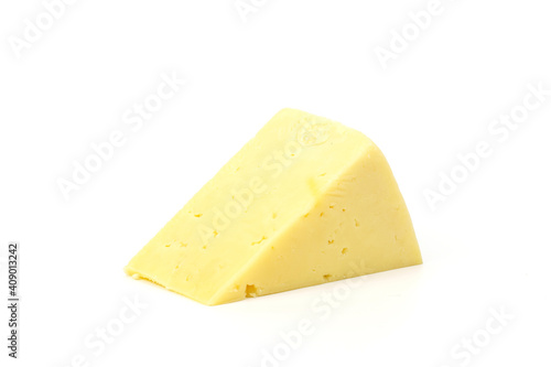 Piece of hard cheese on isolated white