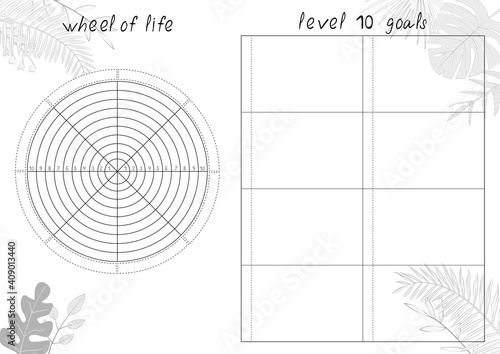 Vector illustration of tropical leaves and Wheel of Life - diagram with blank lines to fill. Printable A4 paper sheet for coaching tool, bullet journal page, daily planner template, blank for notebook